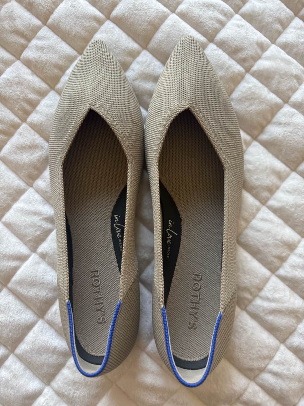 Rothy's Pointed Knit Flats in Stone with Blue Trim - Women’s 11.5